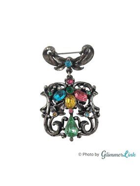 Vintage 1950s Coro Ornate Victorian Style Multicolored Silver Tone Bar Brooch